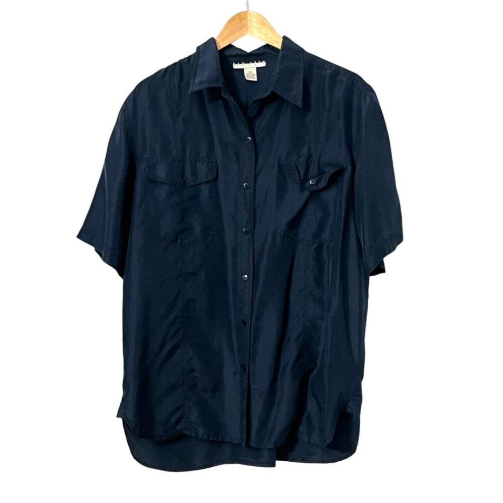 Vintage 90s New York Studio 100% Silk Shirt Women M Navy Blue Minimalist Y2K Top